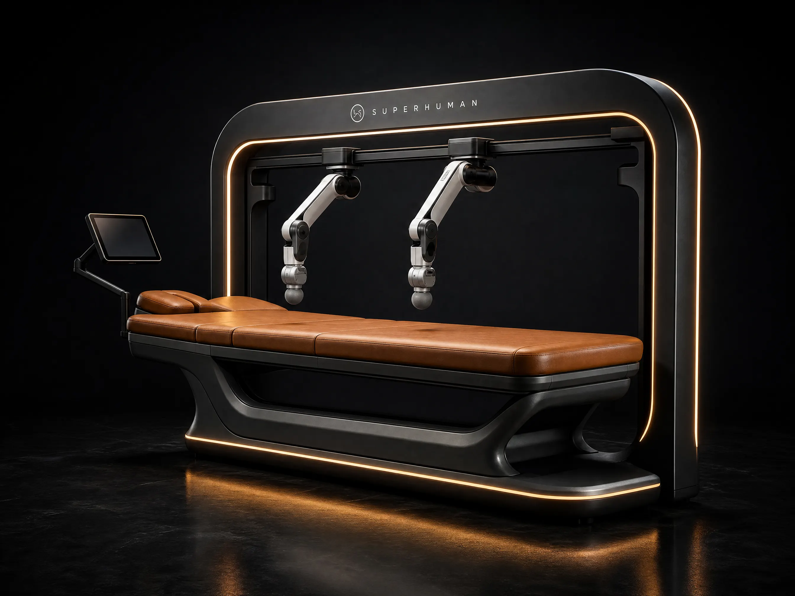 Superhuman Touch T1 commercial massage robot with two robotic arms over a padded table