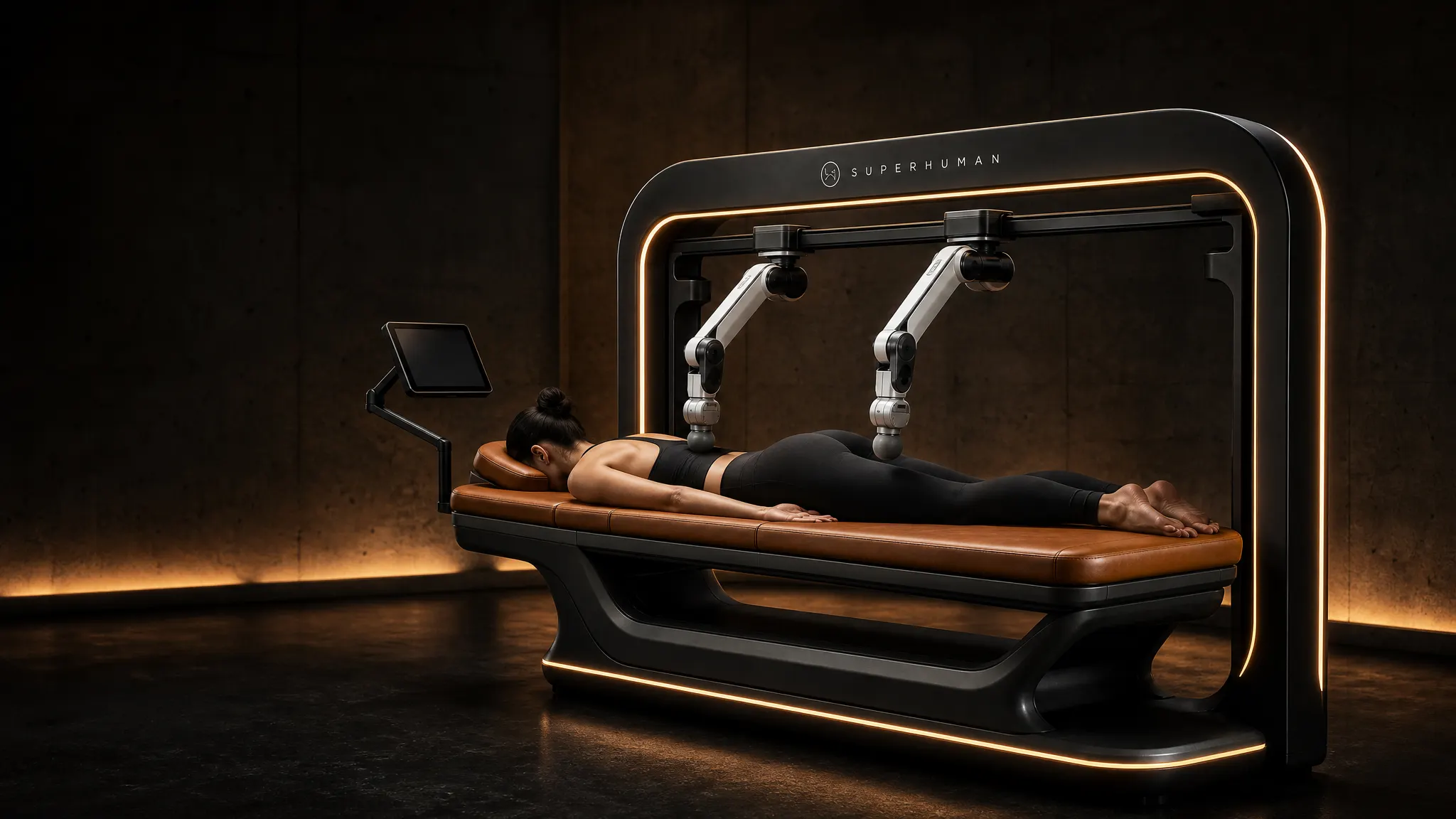 Superhuman Touch T1 massage robot working on a guest in a dark studio