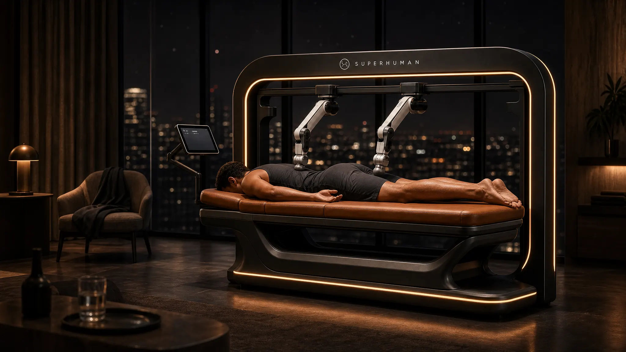 Massage robot in a hotel wellness suite at night