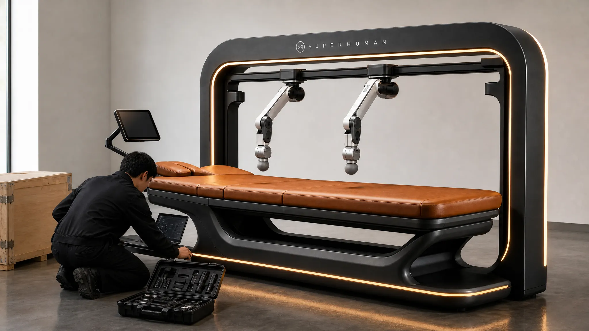 Technician calibrating a massage robot during installation