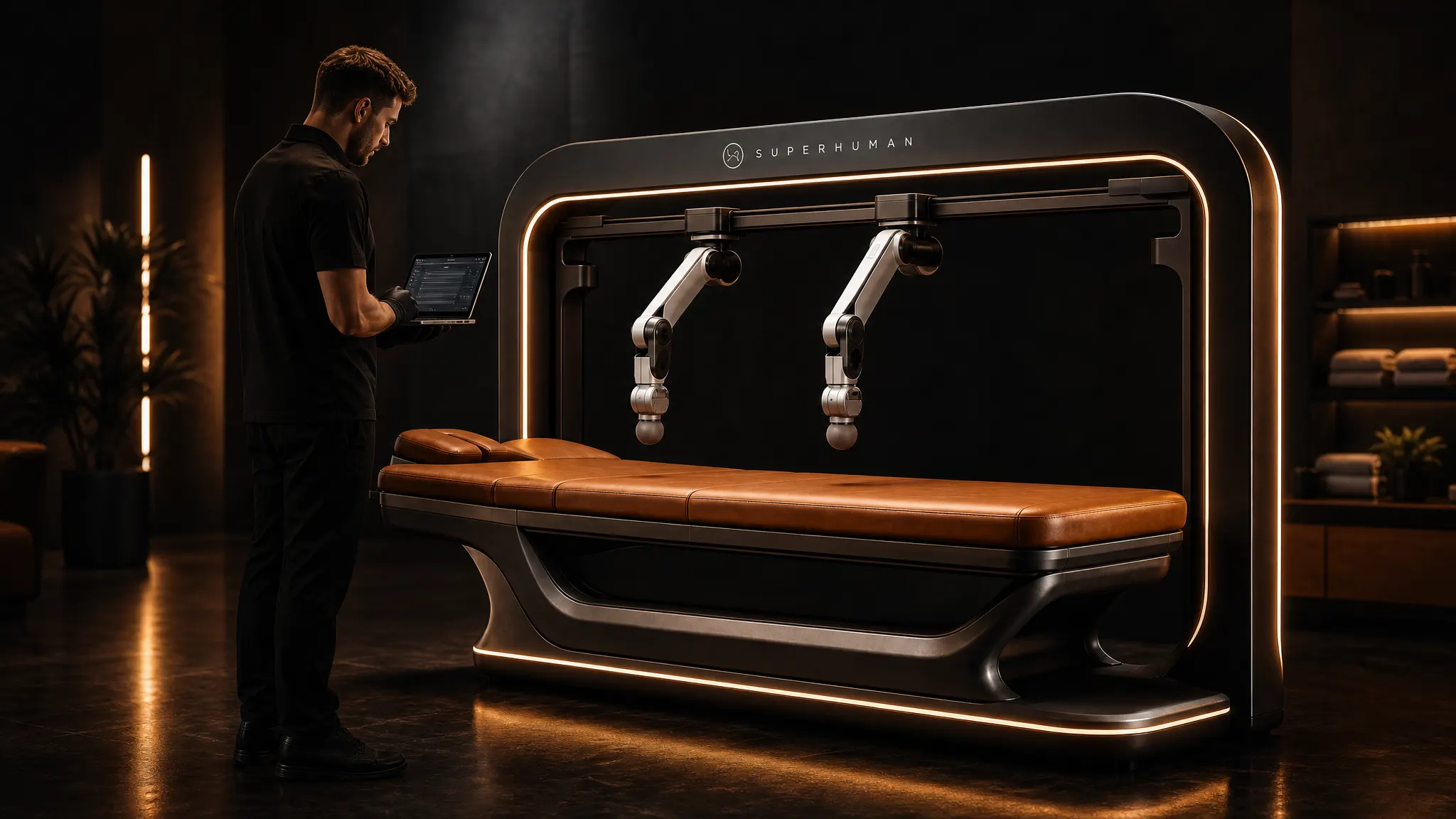Service engineer checking a massage robot with a laptop