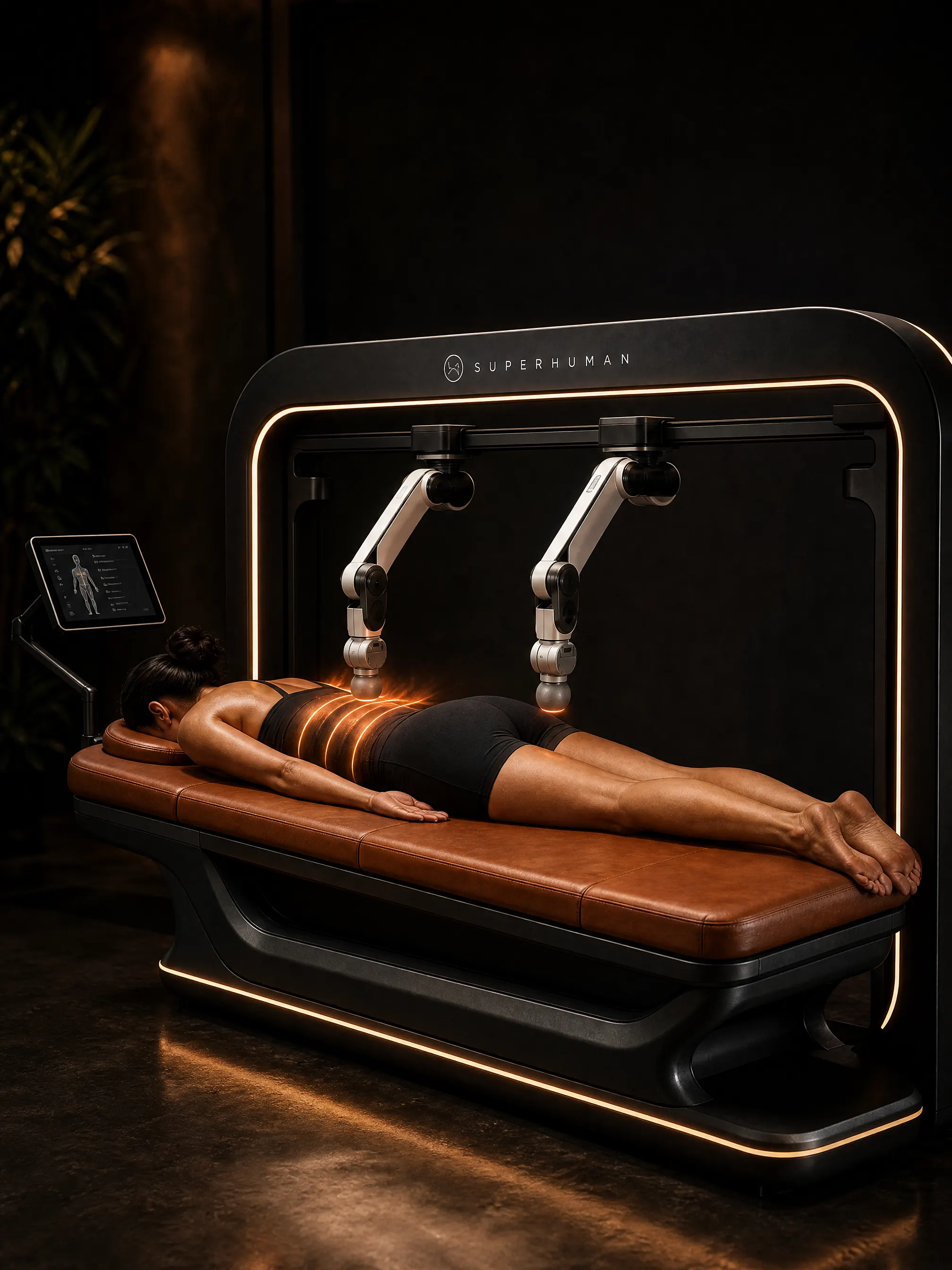 Massage robot scanning a clothed guest lying on the table