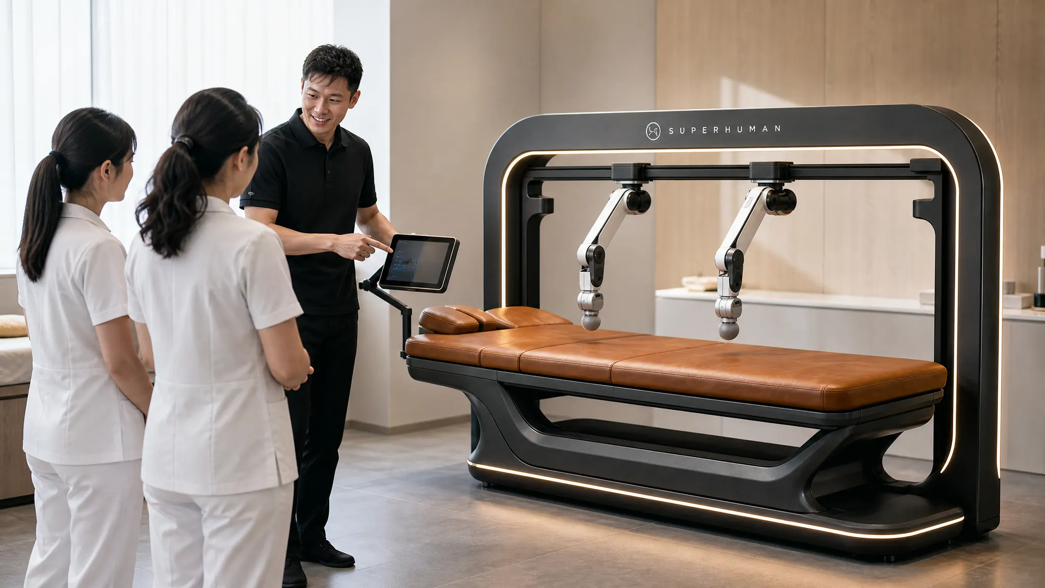 Trainer showing spa staff how to run a massage robot